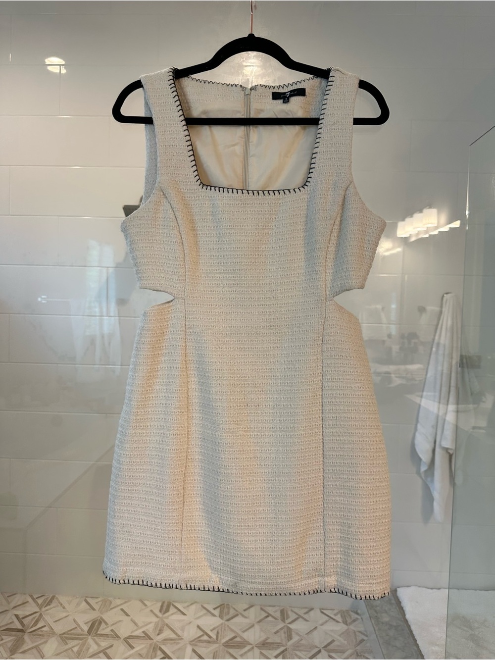 7 For All Mankind Ivory Textured Square-Neck Mini Dress